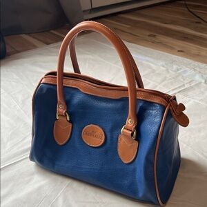 Cabin Creek Blue & Brown Leather Satchel Bag Vintage Structured Purse Longchamp